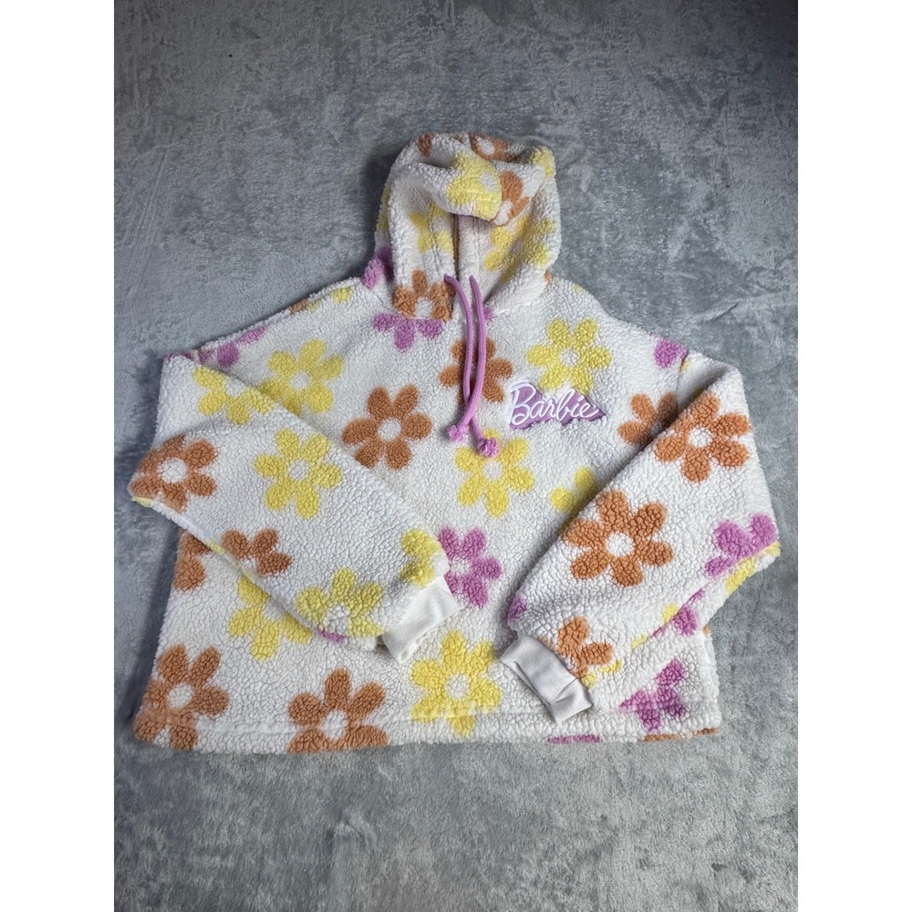 Barbie Womens Floral Sherpa Fleece Hoodie White Purple Yellow Large Pullover